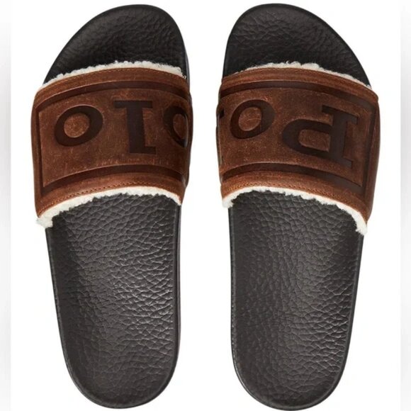 Polo Ralph Lauren Faux Shearling Lined Suede Slide Sandal Cayson Snuff